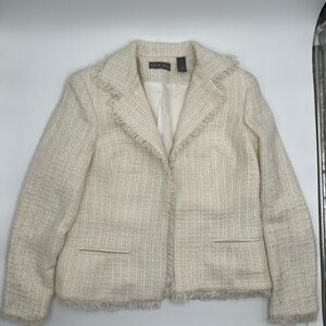 Kate Hill Ivory Tweed Blazer Jacket Fringe Trim Size 6